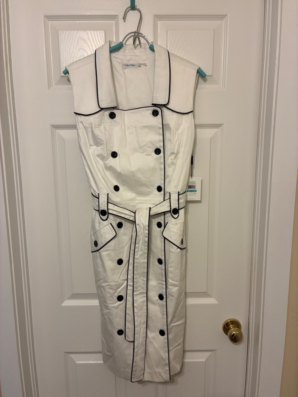NWT Calvin Klein White Midi Trench Dress with Black Piping